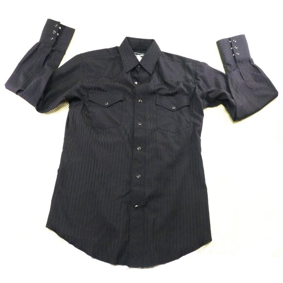 Wrangler Black Western Style Button-Up Shirt With Pinstripes Pearl Snap Cuffs Sm - Picture 1 of 7